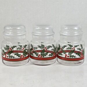 3 VTG Libbey Christmas Holly & Berries Glass Canisters w Air Tight Lids 5.5" USA